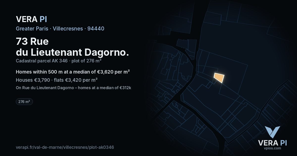 73 Rue du Lieutenant Dagorno, Villecresnes at night – the plot lit, the parcels around coloured by the prices near them