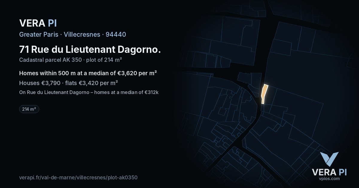 71 Rue du Lieutenant Dagorno, Villecresnes at night – the plot lit, the parcels around coloured by the prices near them