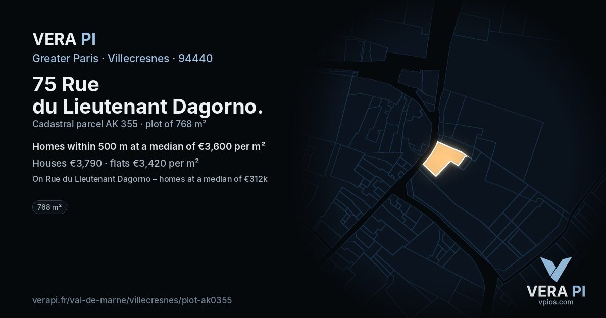 75 Rue du Lieutenant Dagorno, Villecresnes at night – the plot lit, the parcels around coloured by the prices near them