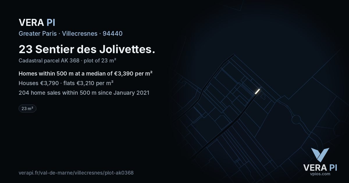 23 Sentier des Jolivettes, Villecresnes at night – the plot lit, the parcels around coloured by the prices near them