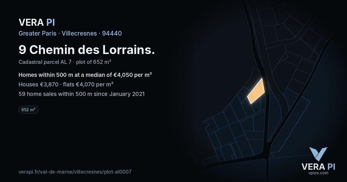 9 Chemin des Lorrains, Villecresnes at night – the plot lit, the parcels around coloured by the prices near them