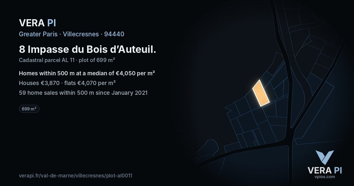 8 Impasse du Bois d’Auteuil, Villecresnes at night – the plot lit, the parcels around coloured by the prices near them