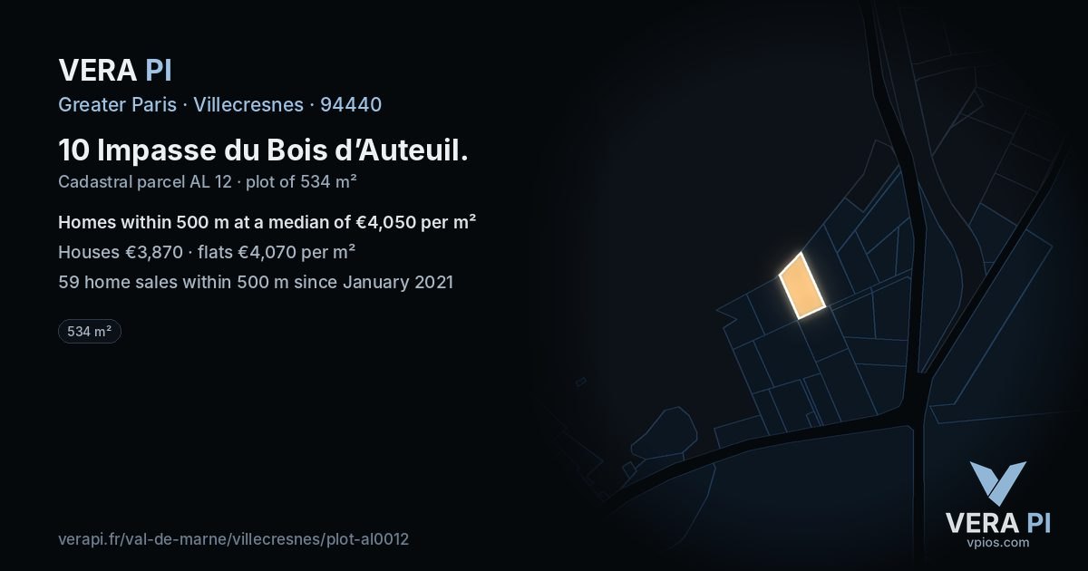10 Impasse du Bois d’Auteuil, Villecresnes at night – the plot lit, the parcels around coloured by the prices near them