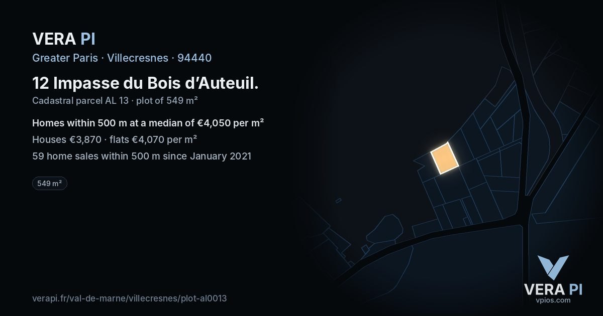 12 Impasse du Bois d’Auteuil, Villecresnes at night – the plot lit, the parcels around coloured by the prices near them