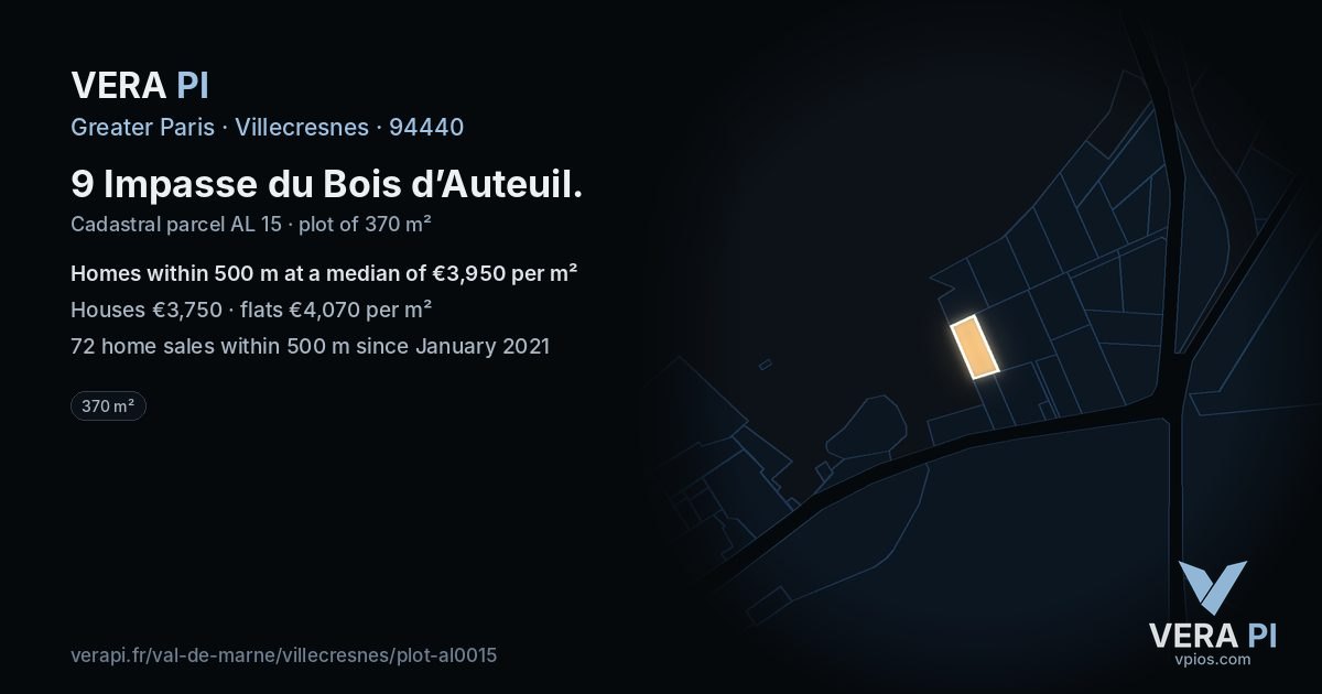 9 Impasse du Bois d’Auteuil, Villecresnes at night – the plot lit, the parcels around coloured by the prices near them