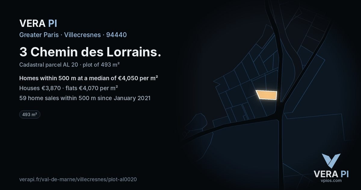 3 Chemin des Lorrains, Villecresnes at night – the plot lit, the parcels around coloured by the prices near them