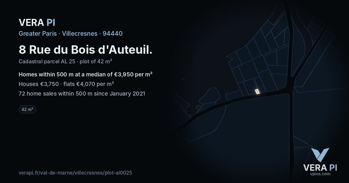 8 Rue du Bois d'Auteuil, Villecresnes at night – the plot lit, the parcels around coloured by the prices near them
