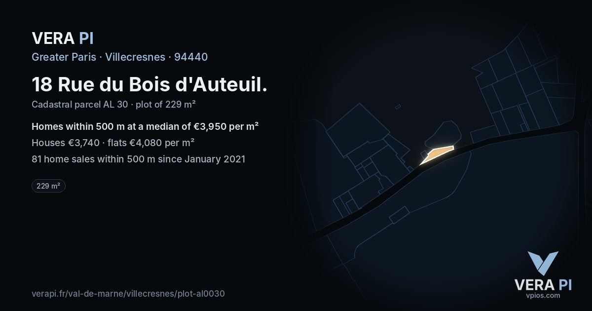 18 Rue du Bois d'Auteuil, Villecresnes at night – the plot lit, the parcels around coloured by the prices near them