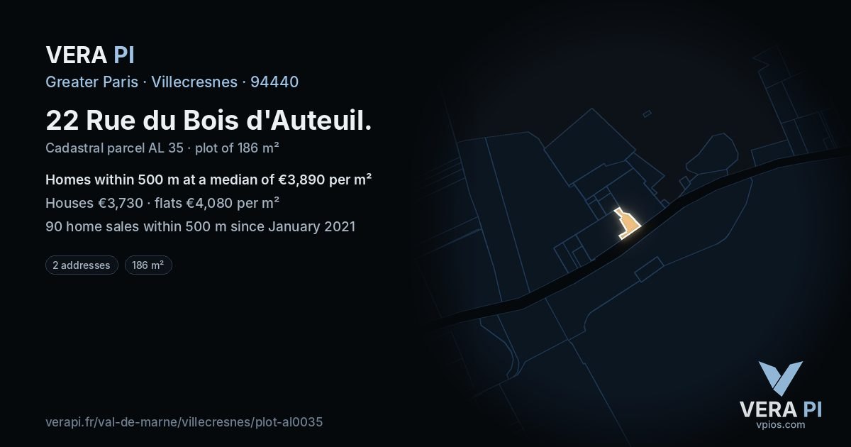 22 Rue du Bois d'Auteuil, Villecresnes at night – the plot lit, the parcels around coloured by the prices near them