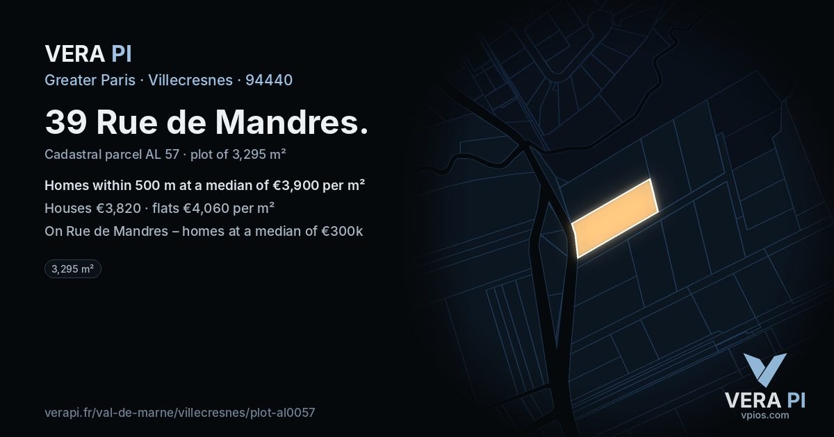 39 Rue de Mandres, Villecresnes at night – the plot lit, the parcels around coloured by the prices near them