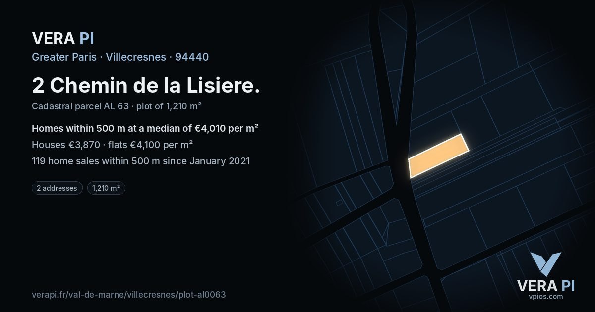 2 Chemin de la Lisiere, Villecresnes at night – the plot lit, the parcels around coloured by the prices near them