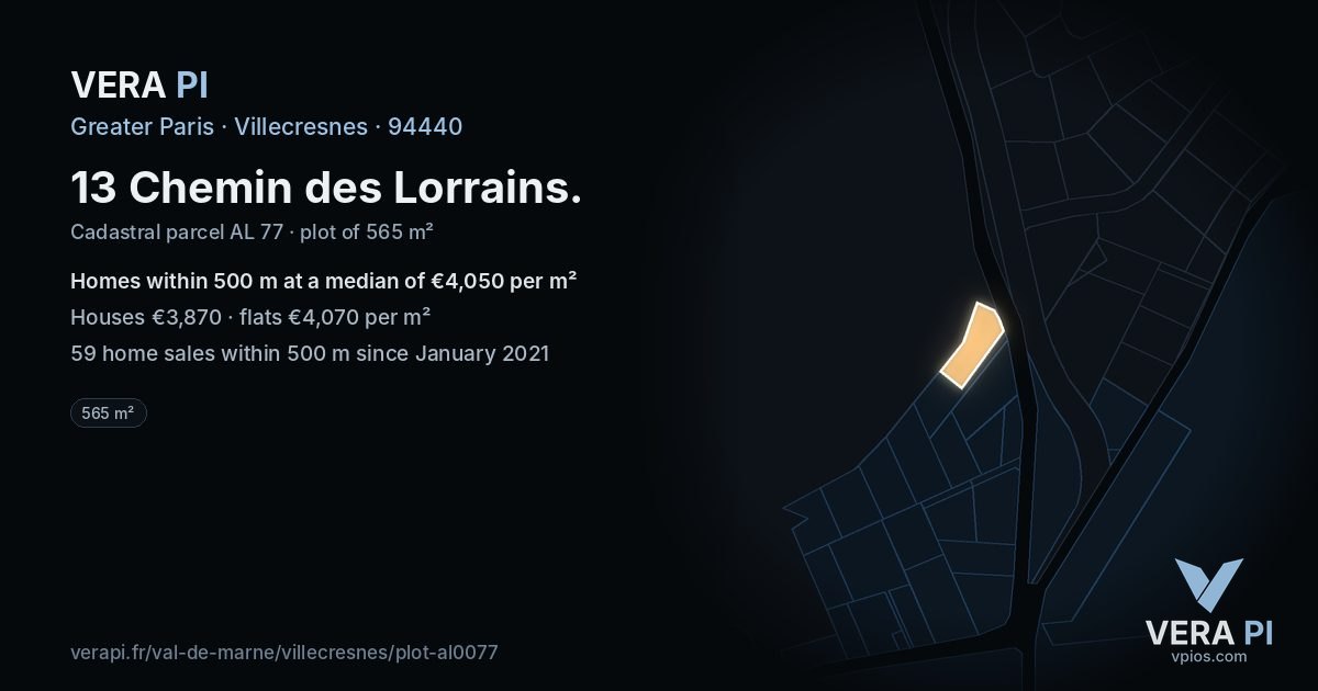 13 Chemin des Lorrains, Villecresnes at night – the plot lit, the parcels around coloured by the prices near them