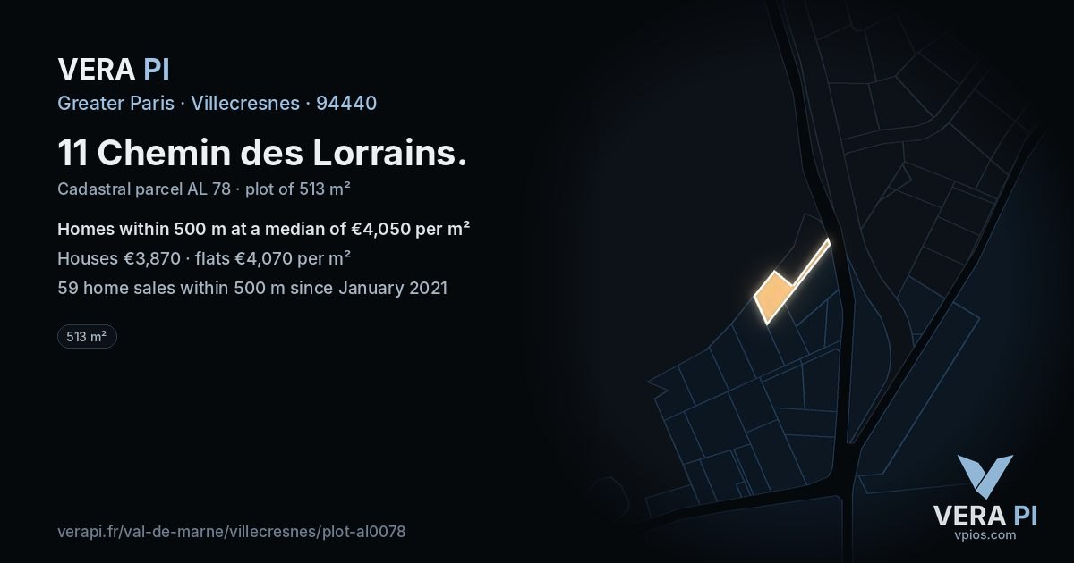 11 Chemin des Lorrains, Villecresnes at night – the plot lit, the parcels around coloured by the prices near them