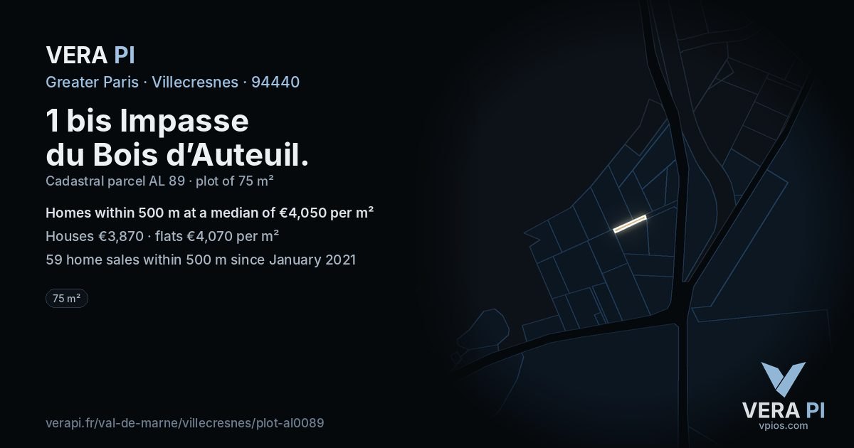 1 bis Impasse du Bois d’Auteuil, Villecresnes at night – the plot lit, the parcels around coloured by the prices near them