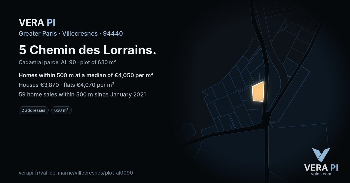 5 Chemin des Lorrains, Villecresnes at night – the plot lit, the parcels around coloured by the prices near them