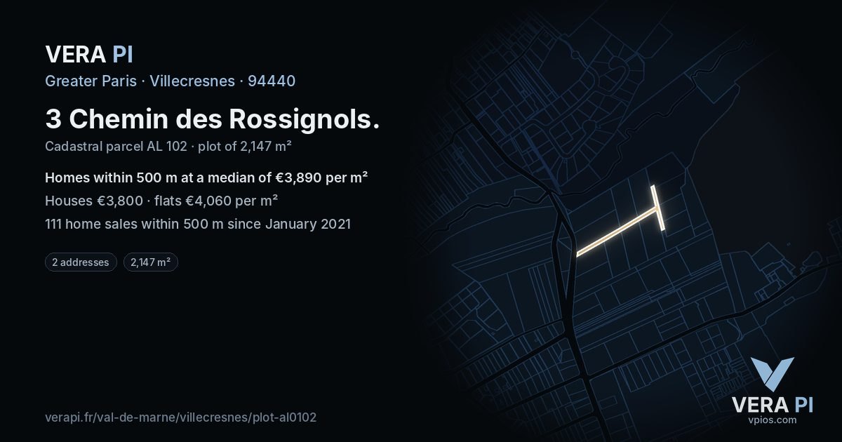 3 Chemin des Rossignols, Villecresnes at night – the plot lit, the parcels around coloured by the prices near them