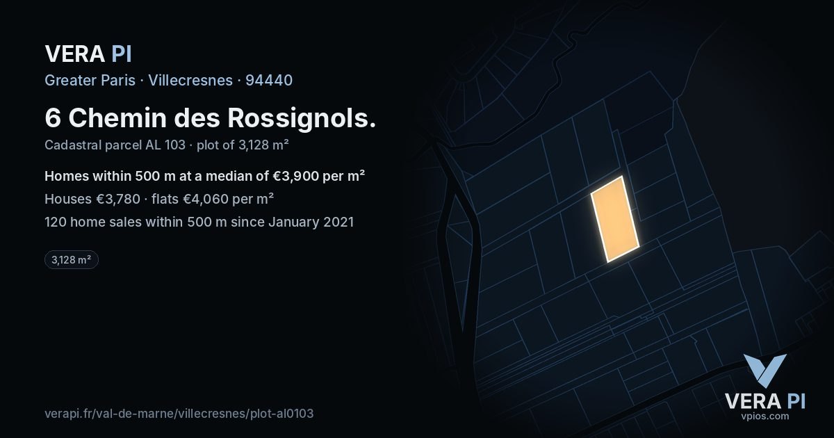 6 Chemin des Rossignols, Villecresnes at night – the plot lit, the parcels around coloured by the prices near them