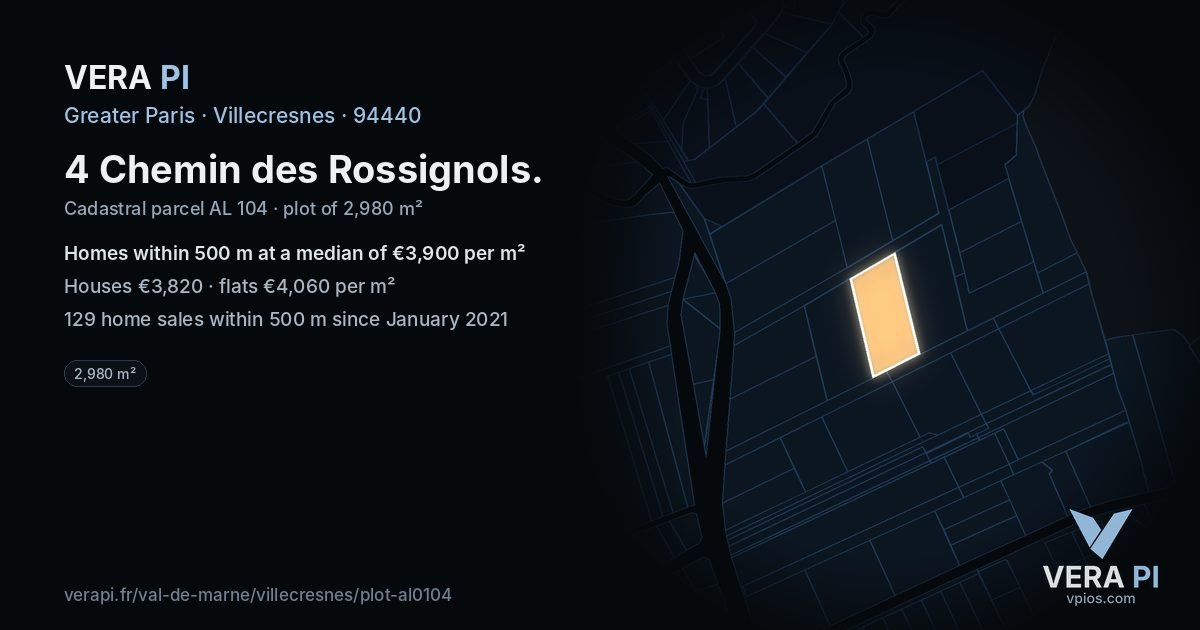 4 Chemin des Rossignols, Villecresnes at night – the plot lit, the parcels around coloured by the prices near them