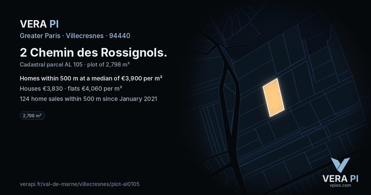 2 Chemin des Rossignols, Villecresnes at night – the plot lit, the parcels around coloured by the prices near them