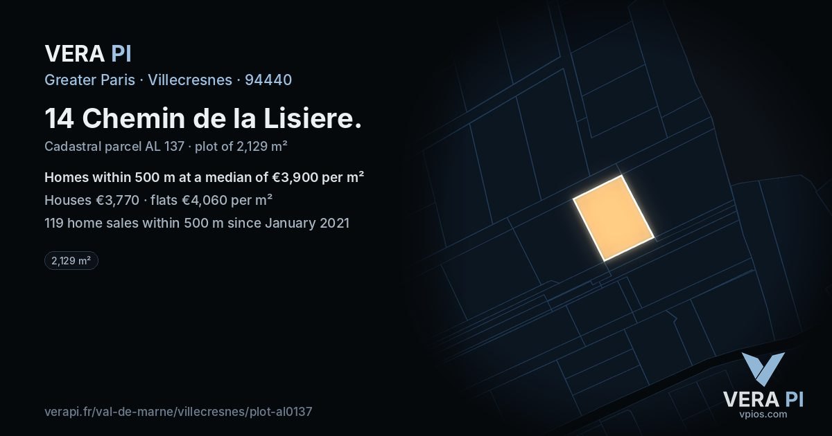 14 Chemin de la Lisiere, Villecresnes at night – the plot lit, the parcels around coloured by the prices near them