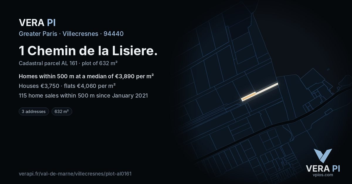 1 Chemin de la Lisiere, Villecresnes at night – the plot lit, the parcels around coloured by the prices near them