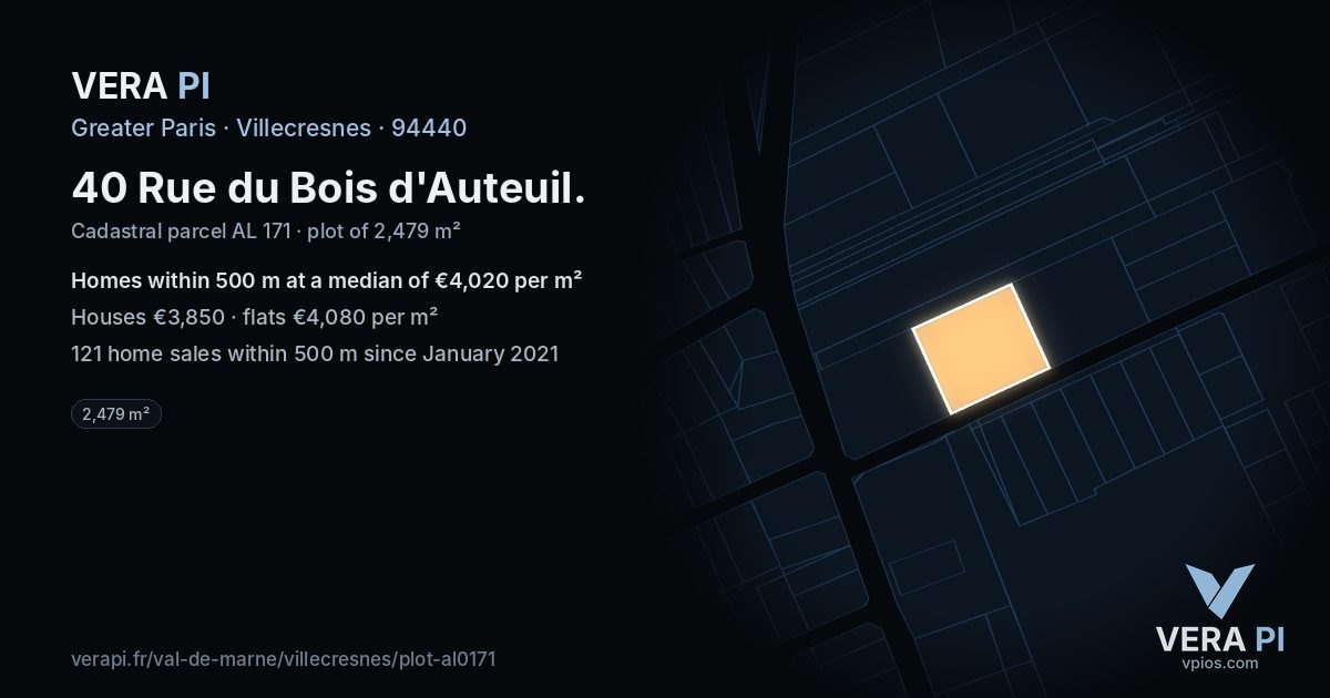 40 Rue du Bois d'Auteuil, Villecresnes at night – the plot lit, the parcels around coloured by the prices near them