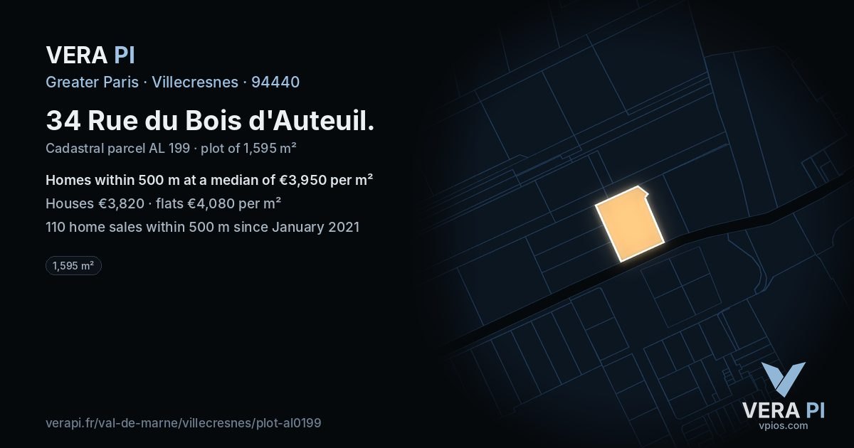 34 Rue du Bois d'Auteuil, Villecresnes at night – the plot lit, the parcels around coloured by the prices near them