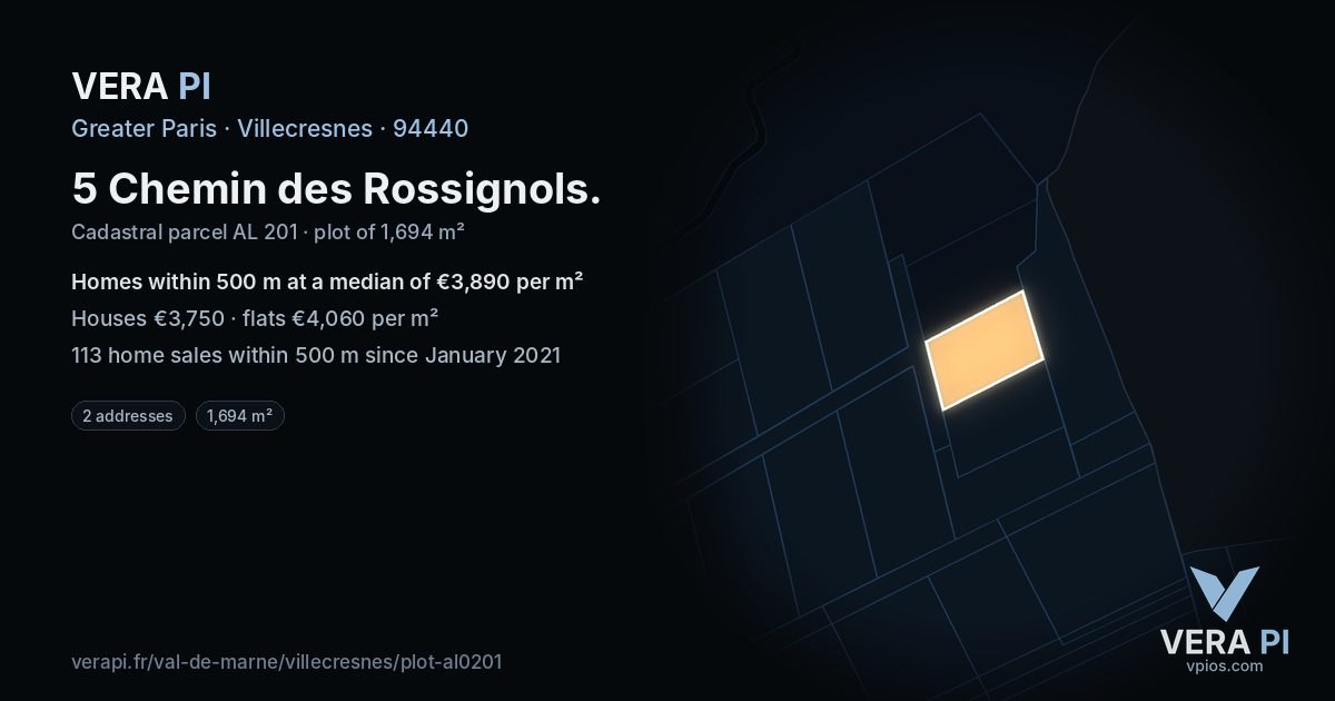 5 Chemin des Rossignols, Villecresnes at night – the plot lit, the parcels around coloured by the prices near them