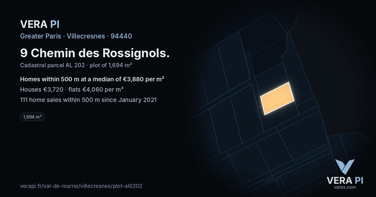 9 Chemin des Rossignols, Villecresnes at night – the plot lit, the parcels around coloured by the prices near them