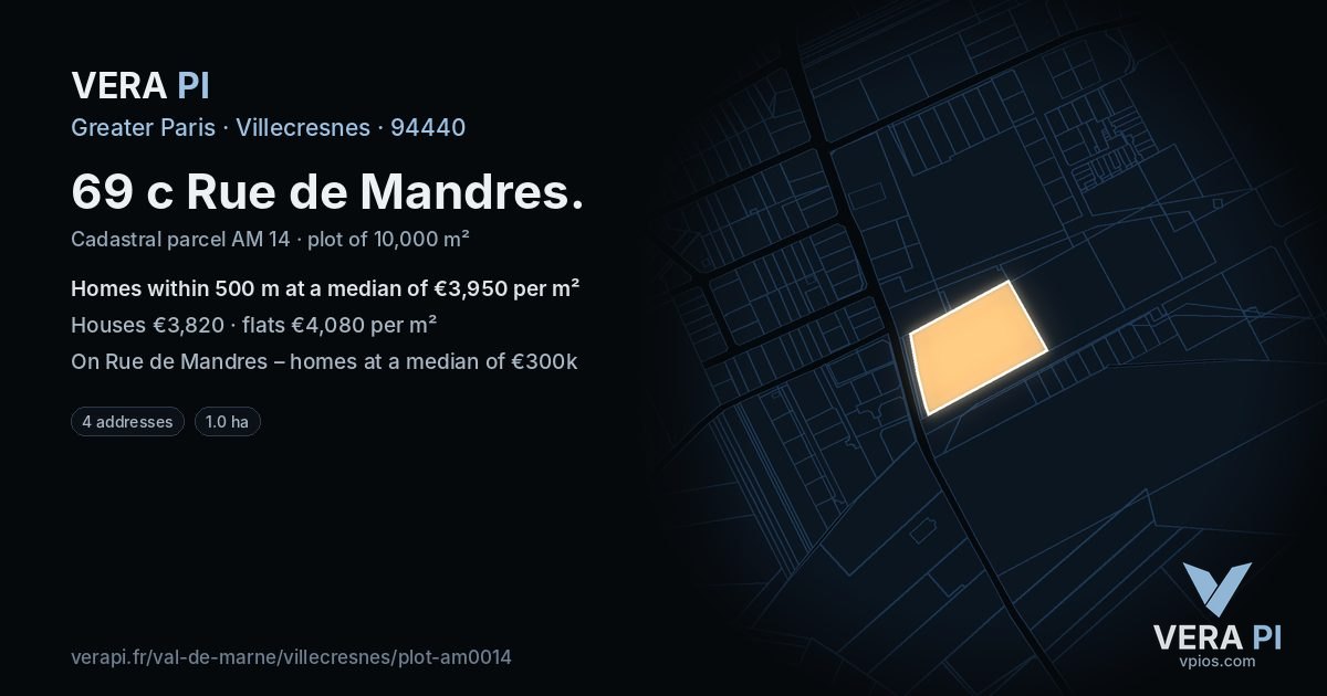 69 c Rue de Mandres, Villecresnes at night – the plot lit, the parcels around coloured by the prices near them