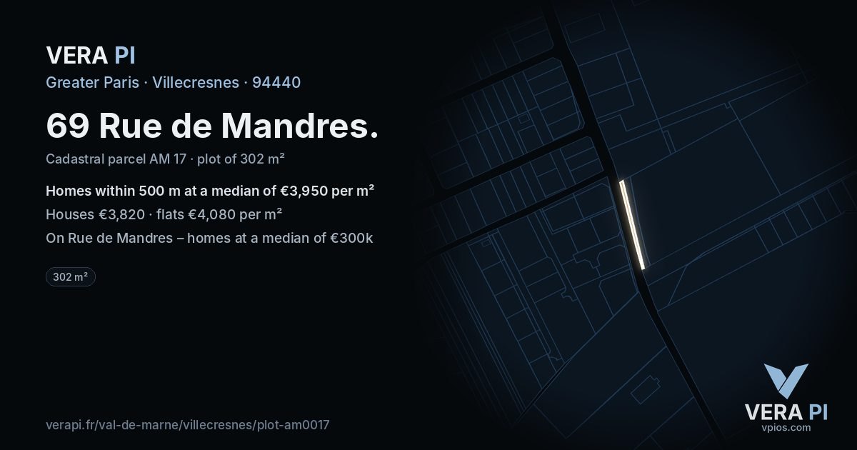 69 Rue de Mandres, Villecresnes at night – the plot lit, the parcels around coloured by the prices near them