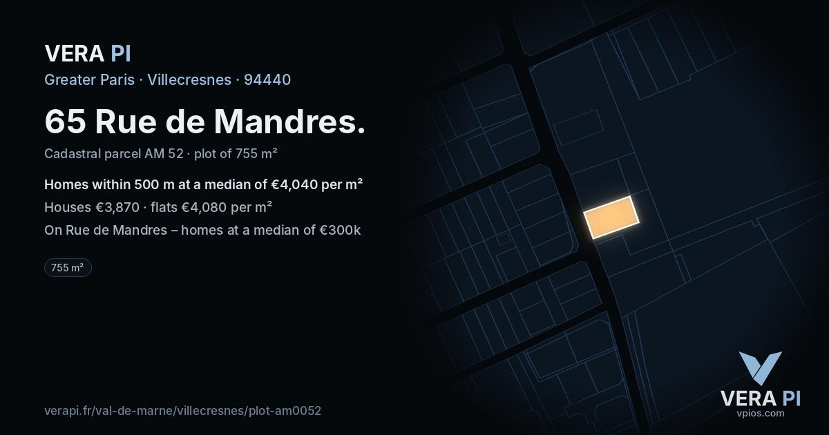 65 Rue de Mandres, Villecresnes at night – the plot lit, the parcels around coloured by the prices near them