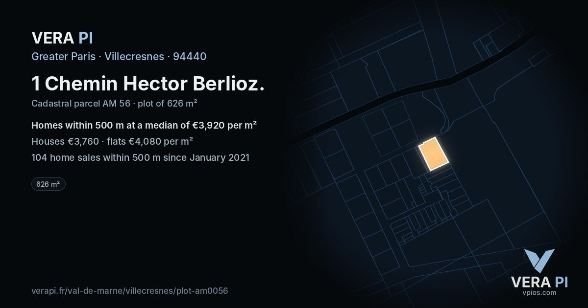 1 Chemin Hector Berlioz, Villecresnes at night – the plot lit, the parcels around coloured by the prices near them