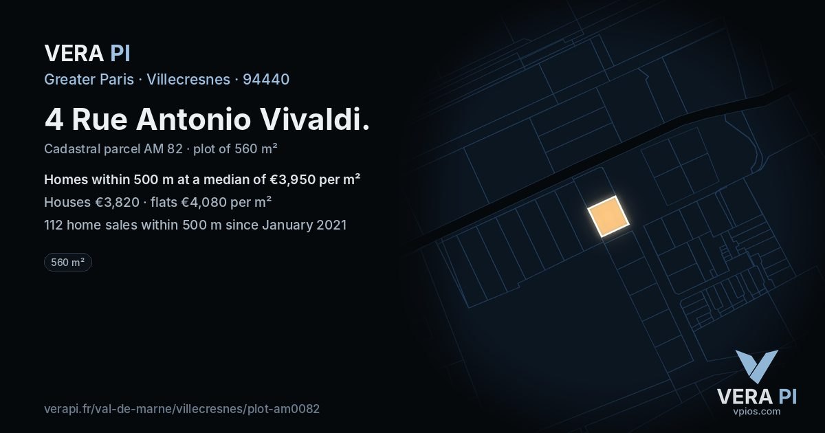 4 Rue Antonio Vivaldi, Villecresnes at night – the plot lit, the parcels around coloured by the prices near them