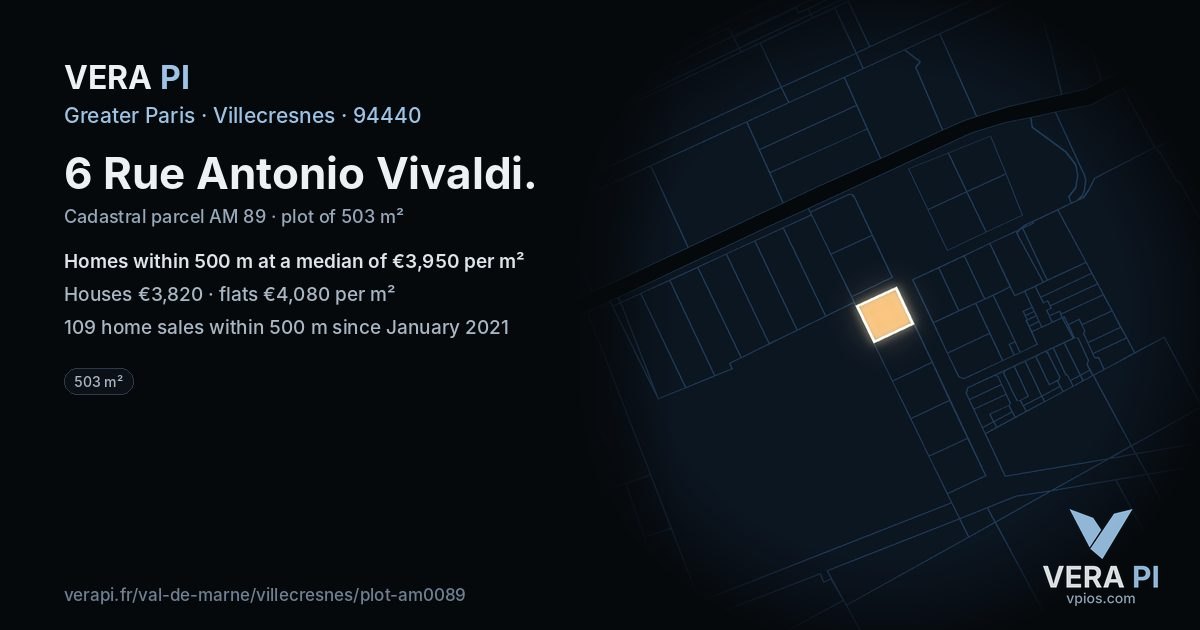 6 Rue Antonio Vivaldi, Villecresnes at night – the plot lit, the parcels around coloured by the prices near them