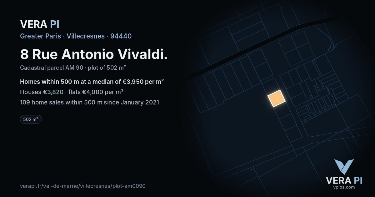 8 Rue Antonio Vivaldi, Villecresnes at night – the plot lit, the parcels around coloured by the prices near them