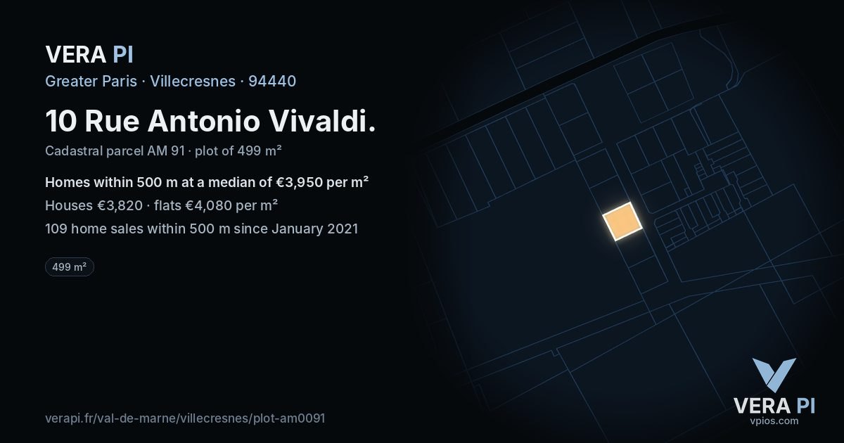10 Rue Antonio Vivaldi, Villecresnes at night – the plot lit, the parcels around coloured by the prices near them