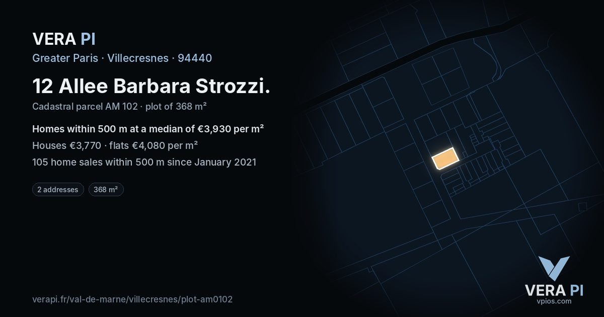 12 Allee Barbara Strozzi, Villecresnes at night – the plot lit, the parcels around coloured by the prices near them