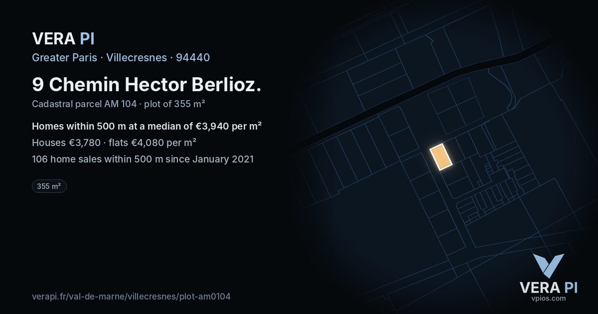 9 Chemin Hector Berlioz, Villecresnes at night – the plot lit, the parcels around coloured by the prices near them