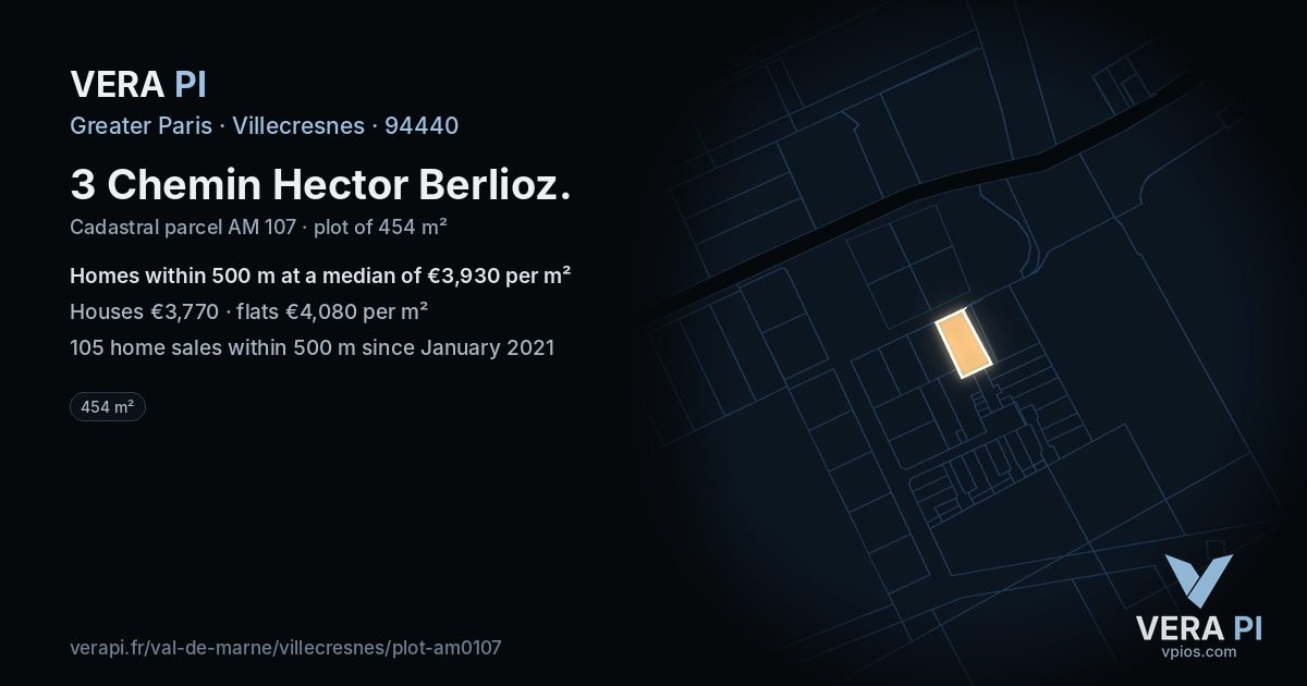 3 Chemin Hector Berlioz, Villecresnes at night – the plot lit, the parcels around coloured by the prices near them