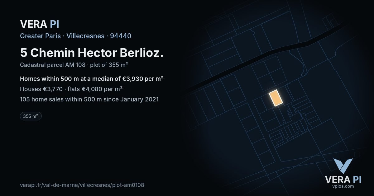 5 Chemin Hector Berlioz, Villecresnes at night – the plot lit, the parcels around coloured by the prices near them