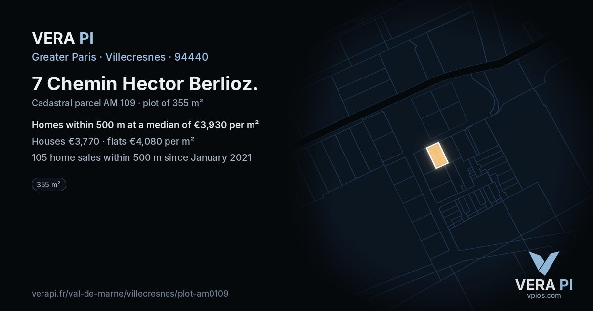 7 Chemin Hector Berlioz, Villecresnes at night – the plot lit, the parcels around coloured by the prices near them