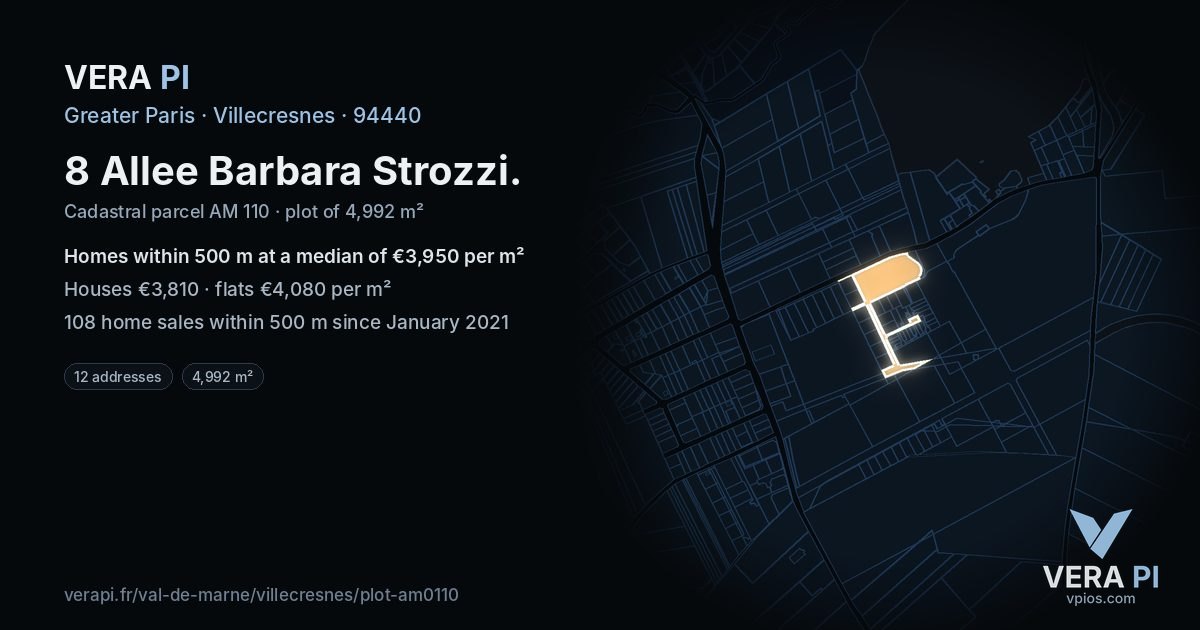 8 Allee Barbara Strozzi, Villecresnes at night – the plot lit, the parcels around coloured by the prices near them