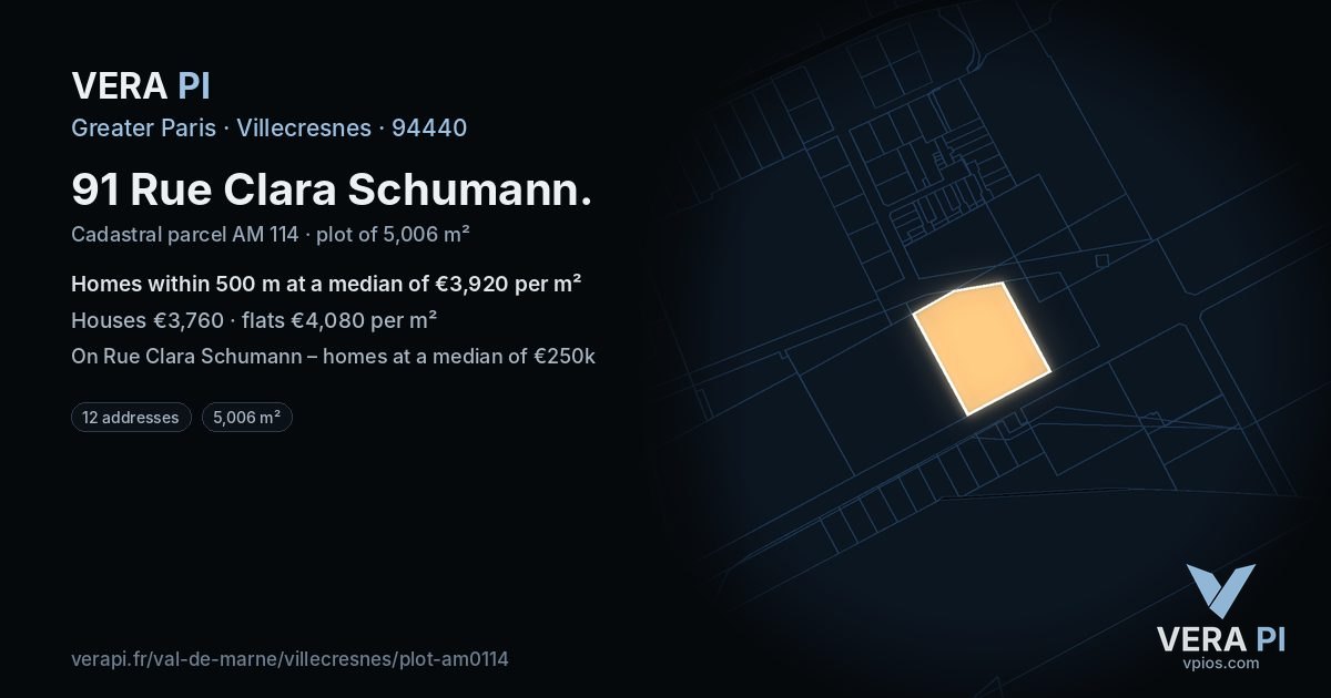 91 Rue Clara Schumann, Villecresnes at night – the plot lit, the parcels around coloured by the prices near them