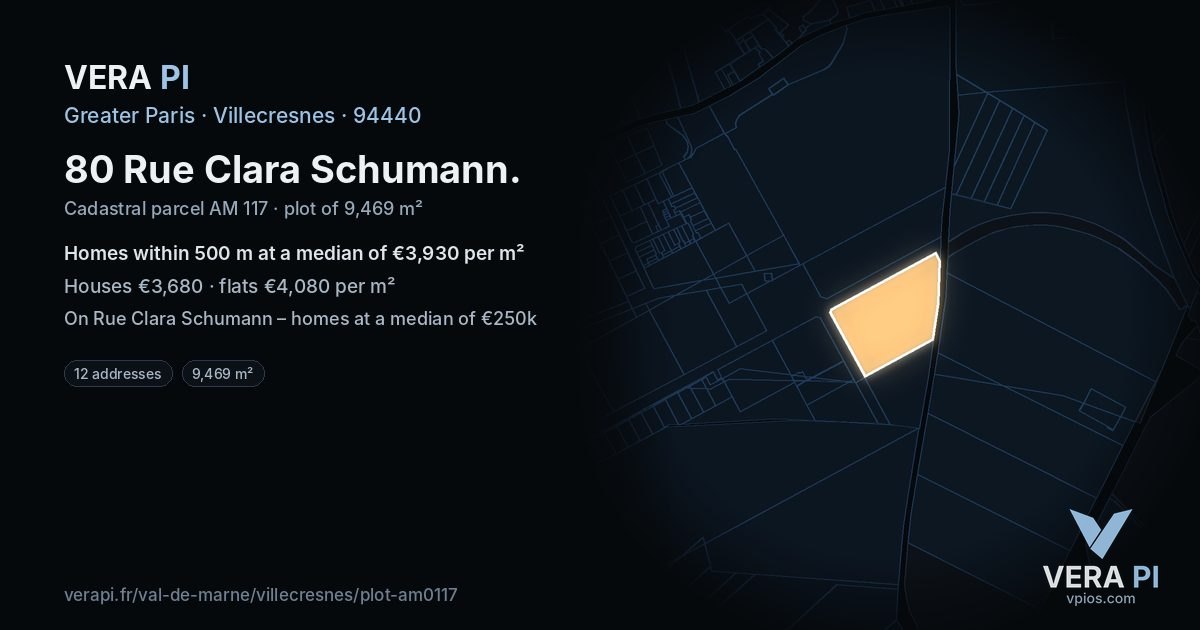 80 Rue Clara Schumann, Villecresnes at night – the plot lit, the parcels around coloured by the prices near them