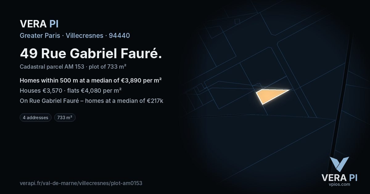 49 Rue Gabriel Fauré, Villecresnes at night – the plot lit, the parcels around coloured by the prices near them