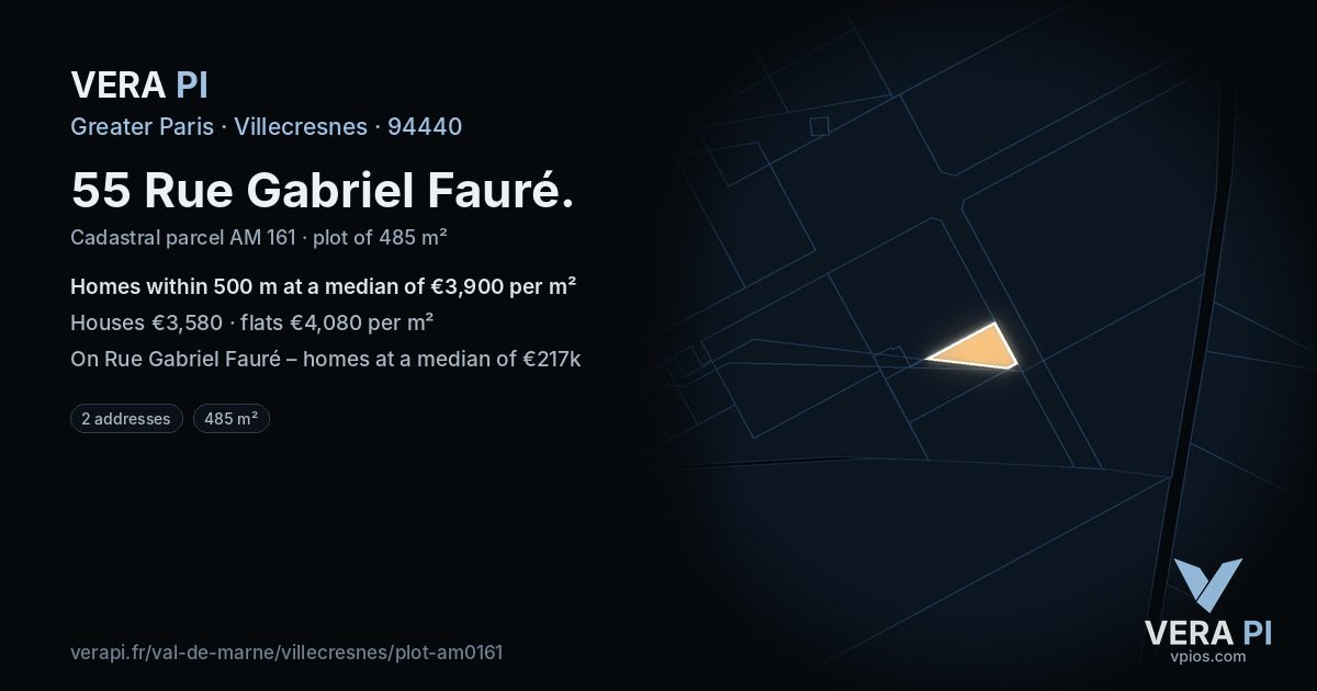 55 Rue Gabriel Fauré, Villecresnes at night – the plot lit, the parcels around coloured by the prices near them