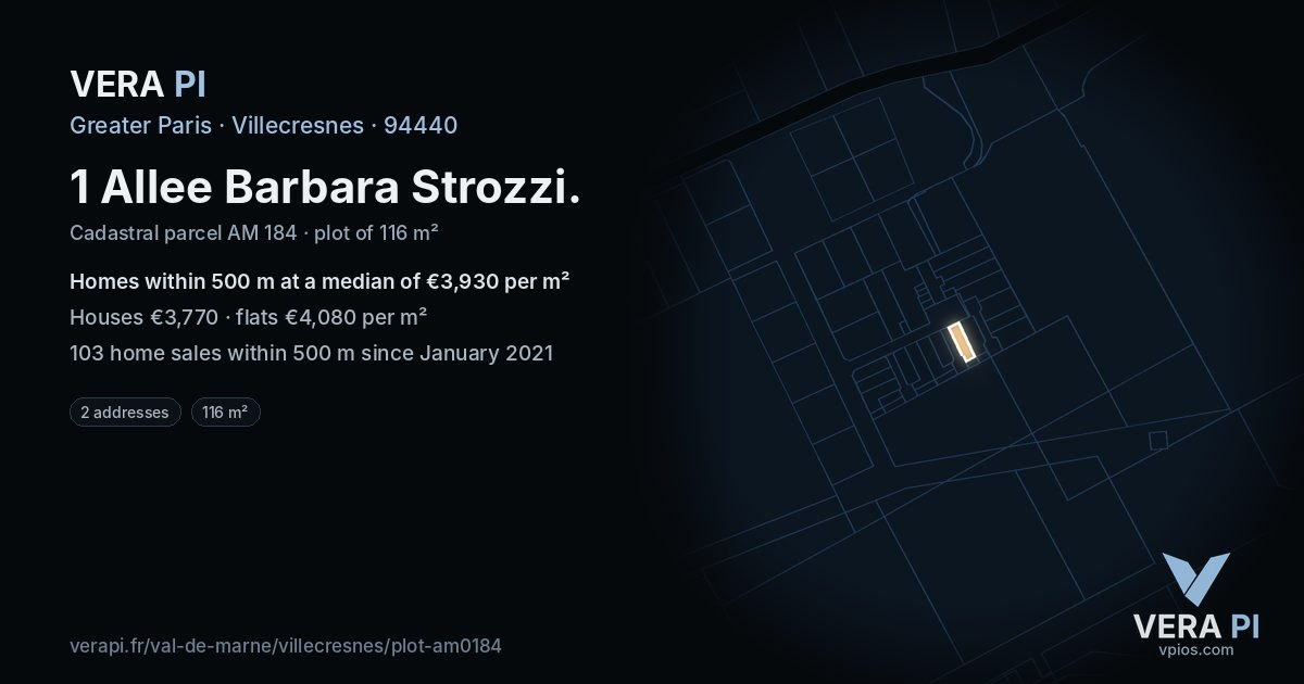 1 Allee Barbara Strozzi, Villecresnes at night – the plot lit, the parcels around coloured by the prices near them