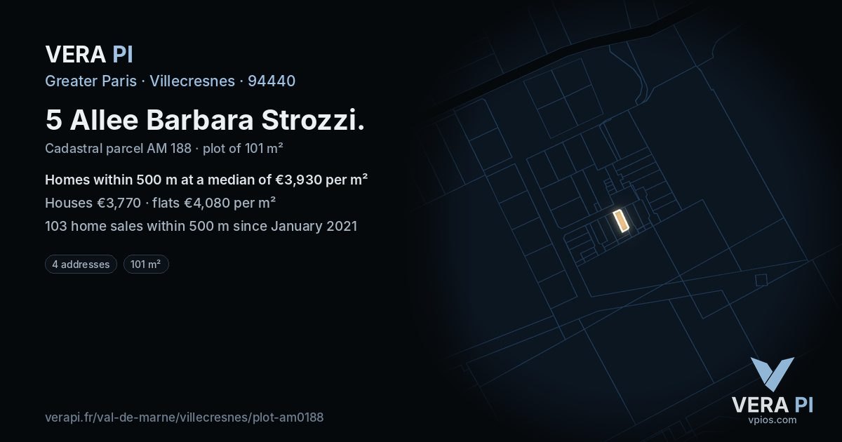 5 Allee Barbara Strozzi, Villecresnes at night – the plot lit, the parcels around coloured by the prices near them
