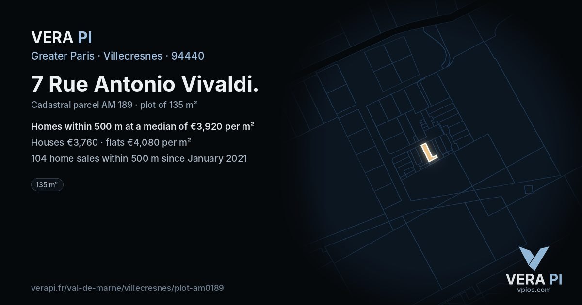 7 Rue Antonio Vivaldi, Villecresnes at night – the plot lit, the parcels around coloured by the prices near them